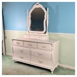 WHITE DRESSER & MIRROR | Stanley Furniture, seven drawer long dresser with attached vanity mirror wi