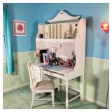 STANLEY FURNITURE HUTCH DESK | White bedroom desk having a bank of three drawers next to a pull out 