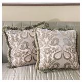 PAIR DOWN CUSHIONS | Two down throw pillows in velvet textured pillow covers with tassels; each 20 x
