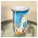 MURANO-STYLE VASE | Playful decorative vase, having colorful swirls with a white interior, unsigned;
