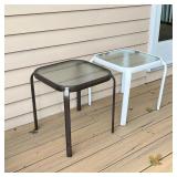 (2pc) PATIO SIDE TABLES | Outdoor glass top side tables, one with a white frame and one with a dark 