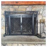 FIREPLACE TOOLS SET | Including a fire screen and a four piece set on stand, with brass handles; scr