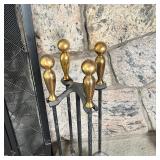 FIREPLACE TOOLS SET | Including a fire screen and a four piece set on stand, with brass handles; scr