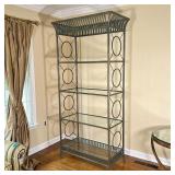 GLASS ETAGERE | Tall display shelf, having four open glass shelves on a faux patinated metal frame; 