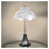 HEAVY CRYSTAL TABLE LAMP | Very heavy! Having a domed shade covering two lights with crystal drop pu