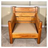 PINE ARMCHAIR | Solid wood chair with slatted board back, with floral upholstered cushions, separate