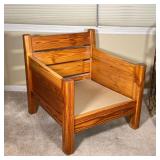 Solid wood chair with slatted board back, with floral upholstered cushions, separate from the chair 