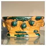 POTTERY JARDINIERE | Tan and green glazed pottery planter with leafy decoration in high relief; h. 6