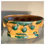 POTTERY JARDINIERE | Tan and green glazed pottery planter with leafy decoration in high relief; h. 6