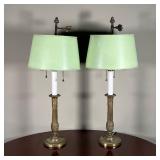 PAIR TOLE LAMPS | With teal tole lampshades and acorn and fletching finials - h. 24 in.