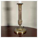 PAIR TOLE LAMPS | With teal tole lampshades and acorn and fletching finials - h. 24 in.