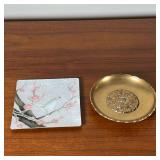 (2pc) DECORATIVE DISHES | Including a brass LeSavoy dish and an enameled square dish showing a bird 
