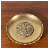 brass LeSavoy dish and an enameled square dish showing a bird on a cherry blossom branch (4-3/4 x 4-