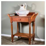 early turned wood washstand with a single drawer and lower open shelf - h. 28 x w. 28-1/2 x d.14-1/2