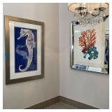 (2pc) CORAL & SEAHORSE PRINTS | Framed print of two blue seahorses paired with orange and blue coral