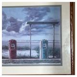print of a watercolor painting showing a service station near a beach scene, matted and framed - 27 