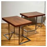 PAIR TEAK & CHROME SIDE TABLES | Mid-century modern end tables, with teak or rosewood veneer tops ov