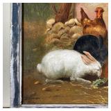 Showing a black and a white rabbit among birds and rooster h. 13-1/2 x w. 17-1/2 in.