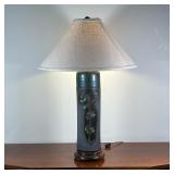 JAPANESE CERAMIC LAMP | Modern Japanese table lamp, of cylindrical form with green glazed characters