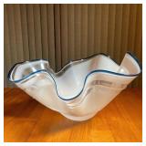 CHIHULY STYLE ART GLASS BOWL | Milky free-form art glass bowl with a cobalt blue rim, signed "Susan 