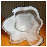 CHIHULY STYLE ART GLASS BOWL | Milky free-form art glass bowl with a cobalt blue rim, signed "Susan 