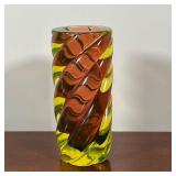 TWISTED ART GLASS VASE | No apparent signature, pink, yellow, and green glass in a twisted cylindric