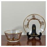 BLOWN GLASS BOWL & SAUCER | Blown glass bowl and matching under plate with gilt silhouette decoratio