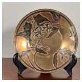 MIXED METAL SAUCER | Likely Japanese, silver overlay on brass, showing flowering branches - dia. 5-3