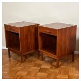 Mid-century modern bedside tables or night stands, each having a single drawer over an open shelf - 