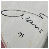 Abstract form with glaze in white, blue and pink/salmon, signed on the bottom "Evans" and dated 71 -