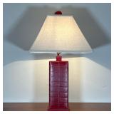 RED LEATHER TABLE LAMP | Red leather wrapped table lamp with a tapering square shade - overall h. 26