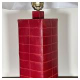 RED LEATHER TABLE LAMP | Red leather wrapped table lamp with a tapering square shade - overall h. 26