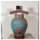 CONTEMPORARY POTTERY URN | Lidded urn with figural handle and gradient striations on the body, appar