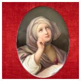 very finely painted porcelain oval plaque of a lady reading with upwards gaze Plaque h. 7 x 5 in. Ov