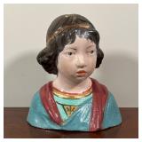 EARLY POTTERY RELIGIOUS FIGURE | Glazed polychrome pottery bust with gilt highlights, no apparent si