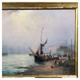 Showing sailing boats and a steam ship in a harbor, housed in an intricate gilt cove frame; verso st