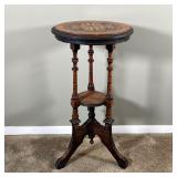 VICTORIAN SIDE TABLE | Round top inlaid in contrasting woods - h. 25-1/2 x dia. 16 in.