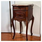 STONE TOP SIDE TABLE | Dark wood side table with two drawers and shell carvings, cabriole legs termi