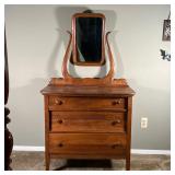 ANTIQUE WOODEN VANITY DRESSER | Chest of drawers with an attached rotating vanity mirror, with three
