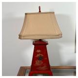CHINESE CABINET FORM LAMP | In the form of a Chinese red lacquered tapering cabinet - 25 x 15 x 11 i