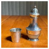 (2pc) STERLING SILVER | Including a hammered shot glass and a Montgomery Bros salt shaker (h. 5 in.)