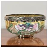 PAINTED SILVER OVERLAY FRUIT BOWL | With painted flowers, having a repousse silver-plated rim - h. 4