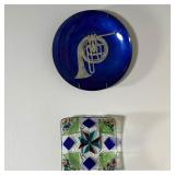 (2pc) DECORATIVE ART GLASS | Including a square dish with cobalt blue and other applied glass, and a