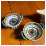  made in Italy with flower designs (h. 3-3/4 x dia. 3-3/4 in.), plus a pitcher with yellow handle (h