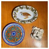 (3pc) FAIENCE POTTERY | Including a North Wind form plaque, a painted plate, and a game bird serving