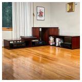 PAIR ROSEWOOD OPEN SHELVES | Low tables of L-form, constructed from rosewood veneer panels, one or b