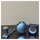 (3pc) OFFICE SUPPLIES | Including a uniquely designed chrome tape dispenser (h. 4-1/4 in.), a vintag