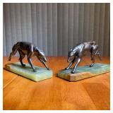 PAIR GREYHOUND BOOKENDS | Cast metal on green onyx bases - h. 4-1/2 x 9 in.