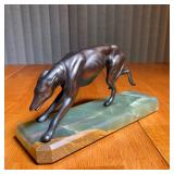 PAIR GREYHOUND BOOKENDS | Cast metal on green onyx bases - h. 4-1/2 x 9 in.