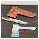KNIFE & HAND AXE | In a leather carrying case, knife with a horn style handle and a separate axe hea